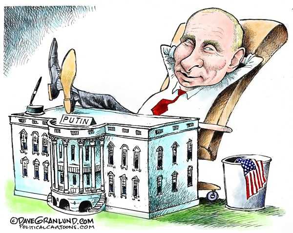 Kartun Presiden Rusia: Vladimir Putin dan kartun Gedung Putih/Kantor Presiden Amerika Serikat. | file: politicalcartoon.com