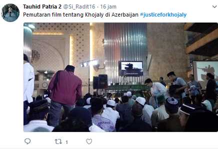 Salah satu tweet dengan hestek #JusticeforKhojaly. (SC twitter)