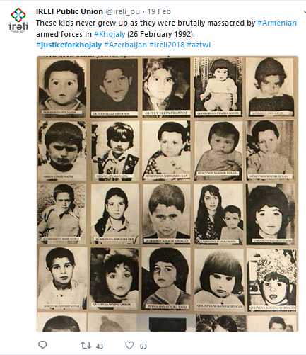 Salah satu tweet dengan hestek #JusticeforKhojaly. (SC twitter)