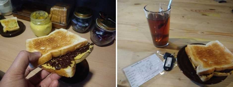 Sarapan bisa menikmati roti. Tinggal nyesuaikan selera, mau roti biasa dengan meses dan selai, atau dipanggang terlebih dahulu. Termasuk teh dan kopi bisa dibuat sesuai kebutuhan. (dok. pribadi)