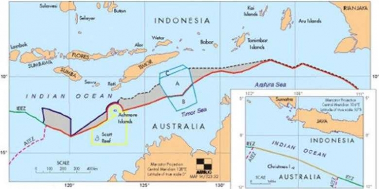Ilustrasi: Batas perairan laut Timor Leste-Australia yang menyisakan batas laut yang tidak jelas dengan Indoneasia (Sumber: kompas.com/sage.unsw.edu.au)