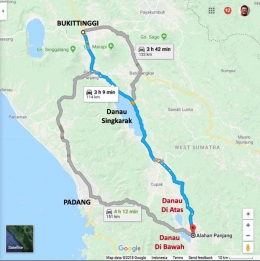 Peta perjalanan dari Bukittinggi ke Alahan Panjang, Kab Solok. (Sumber: Google Maps)