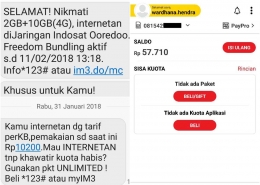 Kuota internet saya yang tiba-tiba hilang dan dikenakan biaya perKB pada 31 Januari 2018. Indosat Ooredoo akhirnya meminta maaf dan memulihkan pulsa beserta kuota internet saya (dok. pri).