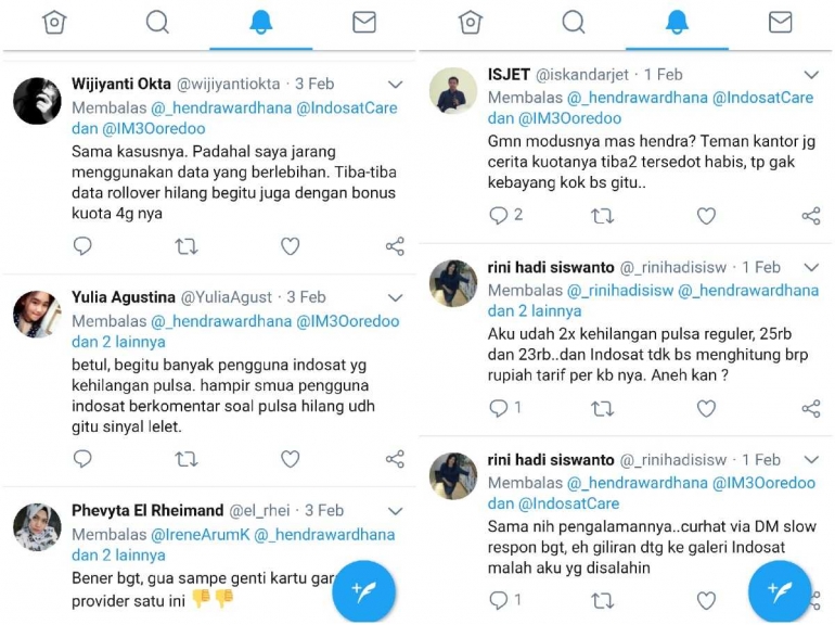 Beberapa tanggapan di twitter atas kejadian hilangnya pulsa dan kuota internet Indosat yang saya alami pada 31 Januari 2018 (dok. pri).