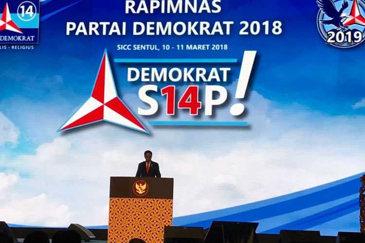 Presiden Joko Widodo saat hadir dalam Rapimnas Partai Demokrat di Sentul International Convention Center (SICC), Sabtu (10/3/2018).
