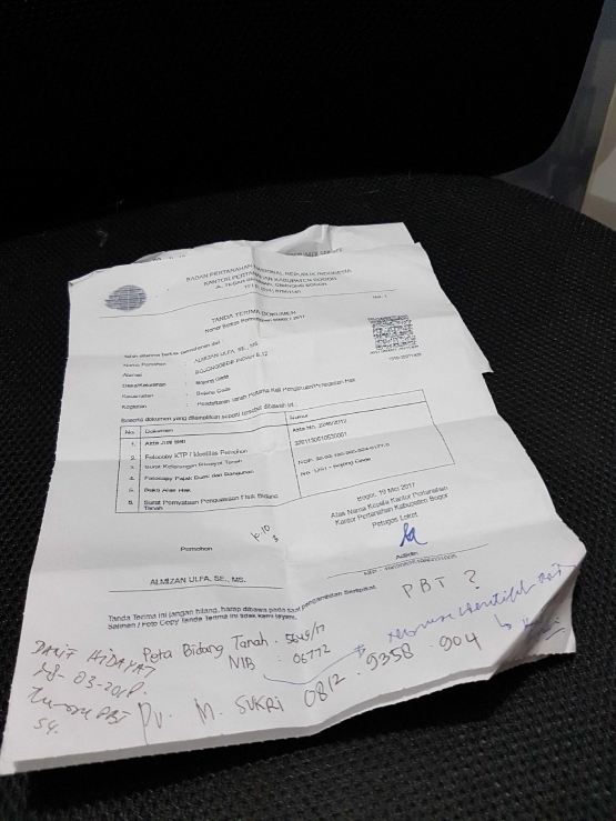 Bukti permohonan SHM Tanah a.n. Almizan Ulfa di kantor ATR/BPN Kabupaten Bogor