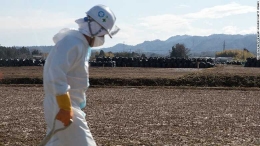 Pekerja Jepang di Fukushima membersihkan tanah melakukan sebagai bagian dari pekerjaan dekontaminasi radiasi (Foto: CNN) 
