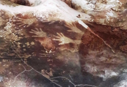 Lukisan Telapak Tangan dan Babi Rusa Tertusuk Panah di Dinding Gua Prasejarah Leang Leang Maros (Dokumentasi Pribadi)