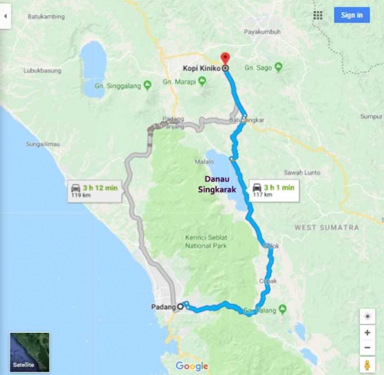 Lokasi peta perjalanan dari Kota Padang menuju UKM Kiniko di Tabek Patah, Kec Salimpaung, Kab Tanah Datar. (Sumber: Google Maps)