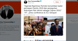 Dari akun twitternya (@hary_tanoe), Hary Tanoe menjelaskan bahwa Perindo memberikan dukungan kepada Jokowi di pilpres 2019.