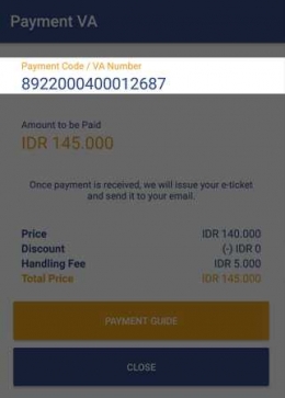 kode pembayaran/nomor virtual account untuk pembayaran tiket Railink | screenshot