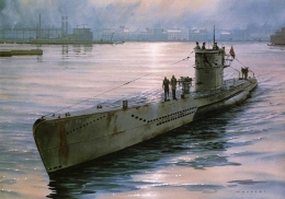 Lukisan sebuah U-boat tipe VIIC di pelabuhan.