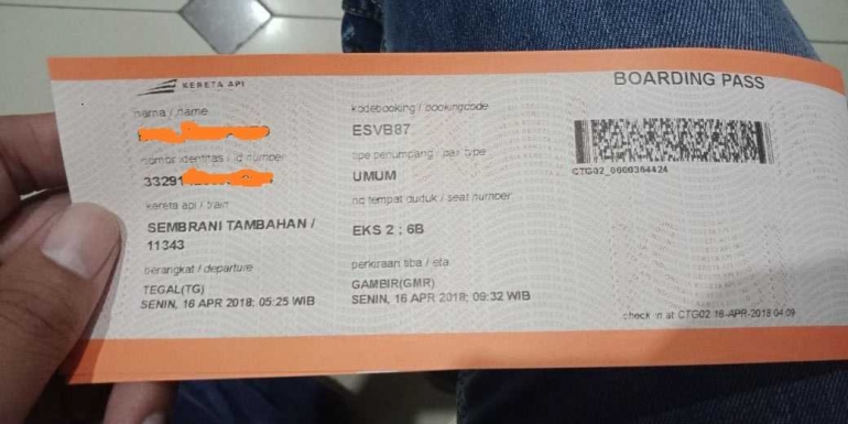 boarding pass tiket KAI Eksekutif SEMBRANI Tambahan