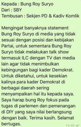 Isi pesan WhatsApp SBY kepada Roy Suryo yang melarang dia berbicara lagi di media (21/4/2018/detik.com)