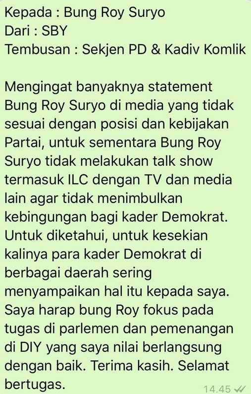 Isi pesan WhatsApp SBY kepada Roy Suryo yang melarang dia berbicara lagi di media (21/4/2018/detik.com)