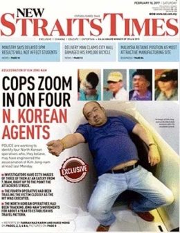 Halaman muka New Straits Times memuat foto Kim Jong Nam yang tengah sekarat akibat dibunuh dengan racun saraf VX di bandar udara internasional Kuala Lumpur. (Foto: metro.co.uk)