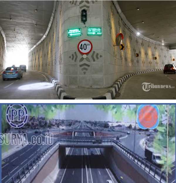  Underpass Matraman-Salemba, underpass pertama di Indonesia yang dibuat bercabang (atas/Tribunnews.com). Gambar proyek Underpass Bundaran Satelit, Surabaya yang tak kunjung tuntas (Surya.co.id)
