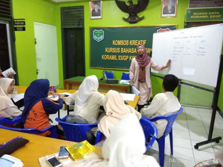 Mrs. Sekar Ayu sedang memberikan materi Simple Present Tense pada para peserta Komsos Kreatif di aula Makoramil 03/GP (Dok. Pribadi)