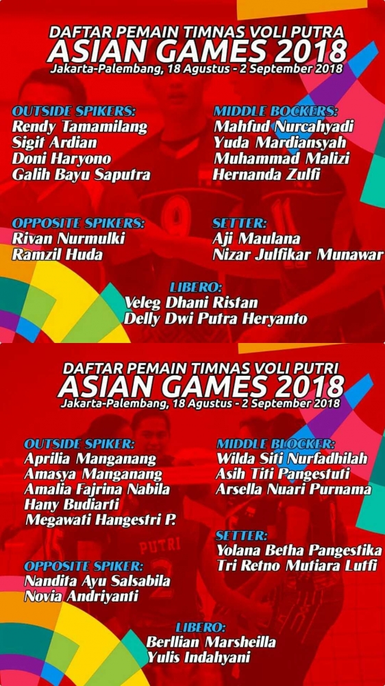Daftar pemain Timnas Voli Putra dan Putri Indonesia untuk Asian Games 2018| Dokumentasi: Instagram Kok Voli @kokvoli
