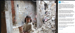 Foto Aya seorang gadis di reruntuhan rumahnya di Suriah tahun 2014. Pada web UNRW, Aya diberitakan berasal dari Gaza di tahun 2017. - foto: unwatch.org.