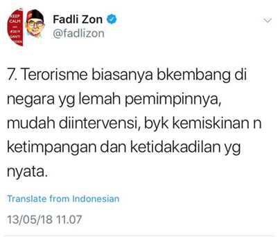 Contoh cuitan nyinyir Fadli Zon di Twitter tentang bom 3 gereja di Surabaya (13/5/2018)