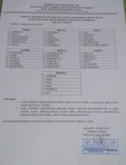 Surat jadwal ronda bulan ramadhan 1439 H dari Ketua RT012/RW02 Syachrul Ramdhani