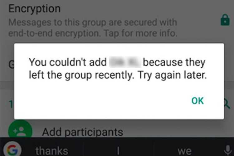Prompt baru yang dimunculkan WhatsApp agar anggota yang sudah berkali-kali meninggalkan grup tak bisa langsung diundang masuk kembali.