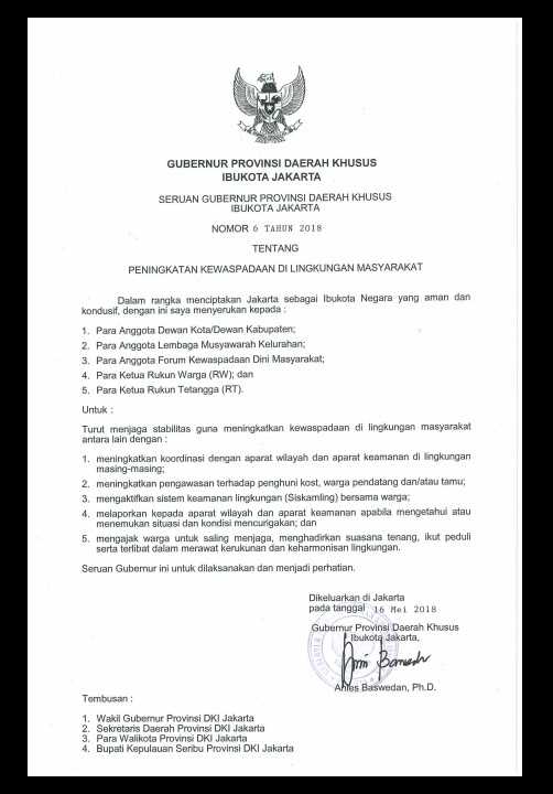 Surat seruan Gubernur DKI Jakarta Anies Baswedan nomor 6 tahun 2018