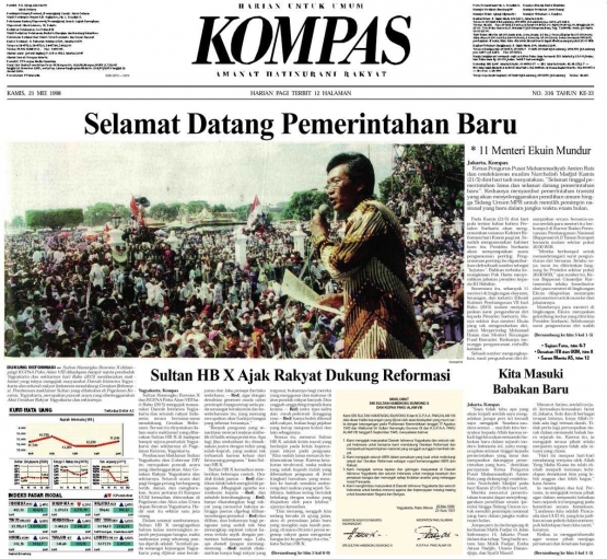 Halaman muka Harian Kompas, 21 Mei 1998 (Foto: Arsip Harian Kompas)