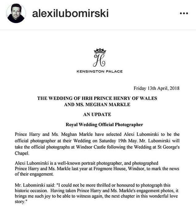 Realese resmi dari Istana Kensington menunjuk Alexi Lubomirski sebagai fotografer resmi istana (Instgaram Alexi L)