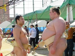 Perbandingan ukuran tubuh pesumo Ishiura Masakatsu dengan bobot 114 kg dengan Gagamaru yang berbobot 199 kg. Photo: quora.com
