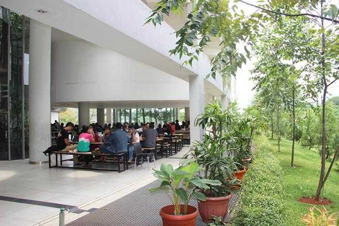 Ditanami pepohonan pada lantai 1 Gedung New Media Tower Kampus UMN menjadi sejuk. Di sisi kiri pot terdapat kanal-kanal air sebagai tempat resapan air hujan, dan diresapkan kembali ke tanah. (Foto: Gapey Sandy)