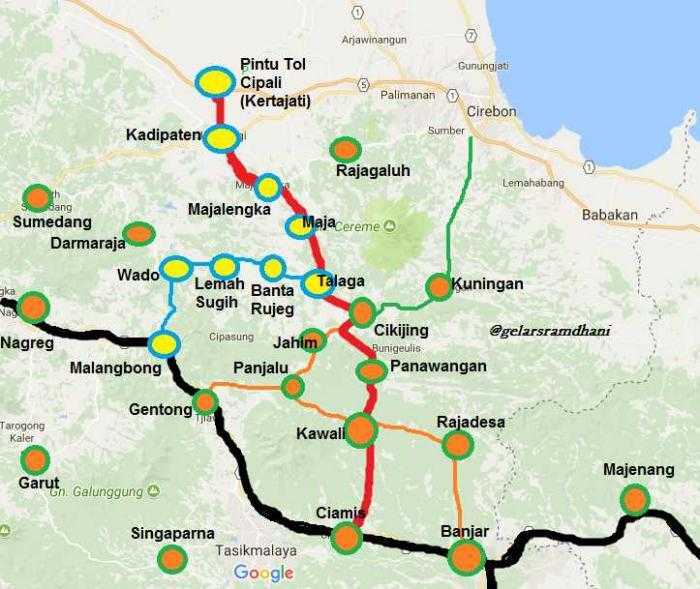 Jalur alternatif GT. Kertajati - Majalengka - Ciamis, sebagai penghubung jalur selatan dengan Tol Cipali (sumber gambar: GoogleMaps, dimodifikasi: penulis)