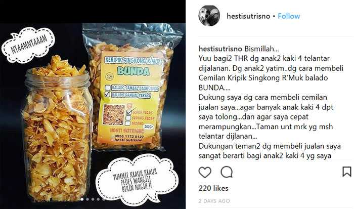 Keripik singkong balado olahan Hesti Sutrisno yang semakin laris di pasar domestik juga mancanegara. (Foto: Screenshot Instagram hestisutrisno)