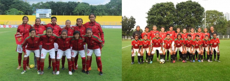 Timnas Putri U-16 (kiri) dan Timnas Wanita Indonesia (kanan). Foto : PSSI