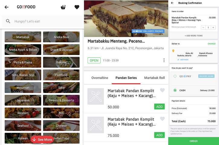 Betapa mudahnya memesan makanan di GO-FOOD dengan biaya antar terjangkau dan kemudahan dalam genggaman tangan. Gambar merupakan hasil kolase dari screenshot pribadi.