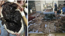 Plastik yang ditemukan dalam perut paus pilot yang terdampar di pesisir pantai Salokha Thailand (Foto: EPA & Reuters)