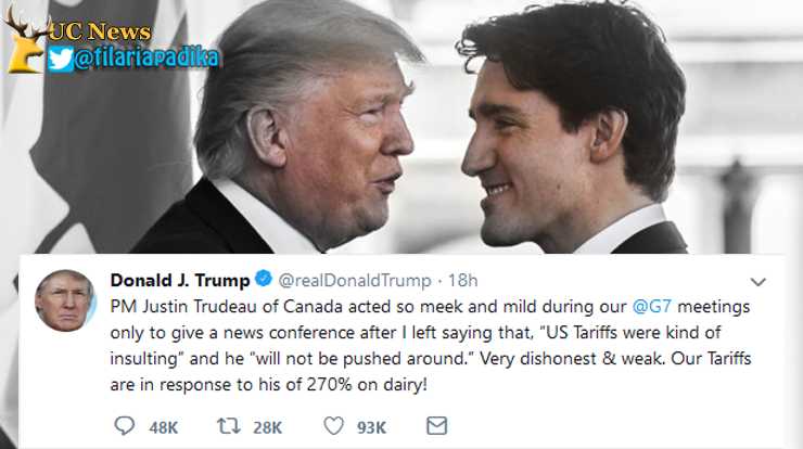 Diolah dari tangkap-layar twitter Donald Trump dan foto Trump-Trudeau di nymag.com