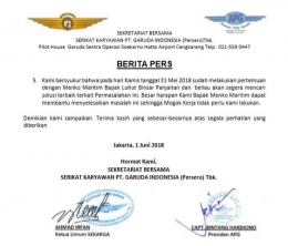 Berita pers dari Sekretariat Bersama PT. Garuda Indonesia (Persero) Tbk.