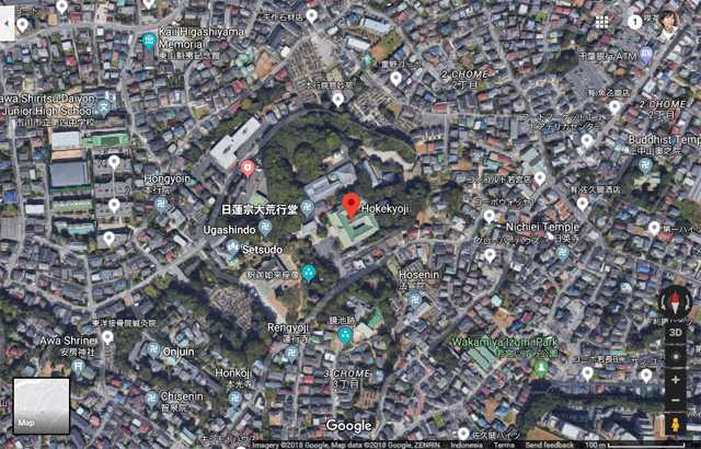 www.googlemap.com | Lokasi Nakayama Hokekyo-ji, diantara permukiman warga Jepang, penuh dengan pepohonan Cherry
