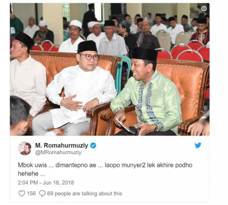 Cuitan Gus Romy yang menyiratkan seolah-olah Cak Imin belum mantap mendukung Jokowi di Pilpres 2019 (Screenshot oleh penulis)