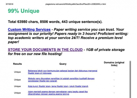 Contoh hasil pengecekan naskah melalui situs plagiarisma.net versi berbayar (sumber: dokpri)