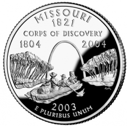 Bagian belakang koin komemoratif 25 sen di Missouri.