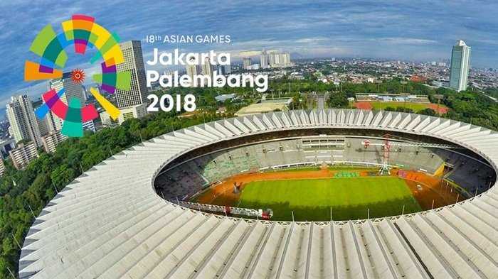 Logo resmi Asian Games 2018 dengan latar belakang atap Stadion Utama Gelora Bung Karno sebagaimana diunggah oleh Tribun Travel.