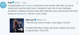Kicauan Pele menyambut kepergian Ronaldo dari Real Madrid menuju Juventus/https://twitter.com/Pele