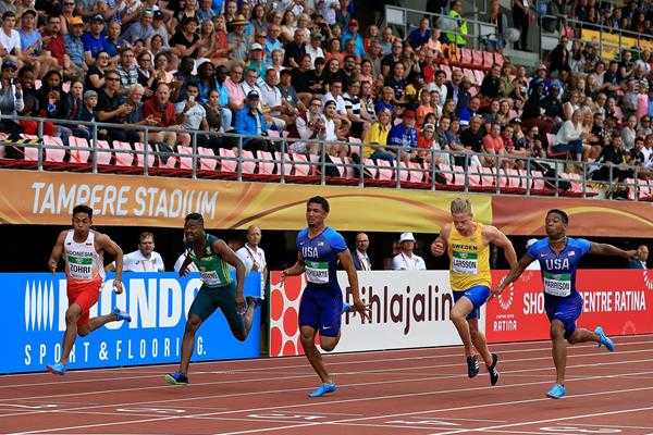Lalu Muhammad Zohri of Indonesia (far left) wins the 100m at the IAAF World U20 Championships Tampere 2018 (Getty Images) Copyright