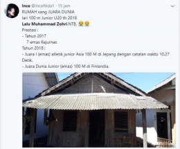 Salah satu bagian cuitan warganet mengenai tempat tinggal Lalu Muhammad Zohri (source: Twitter)