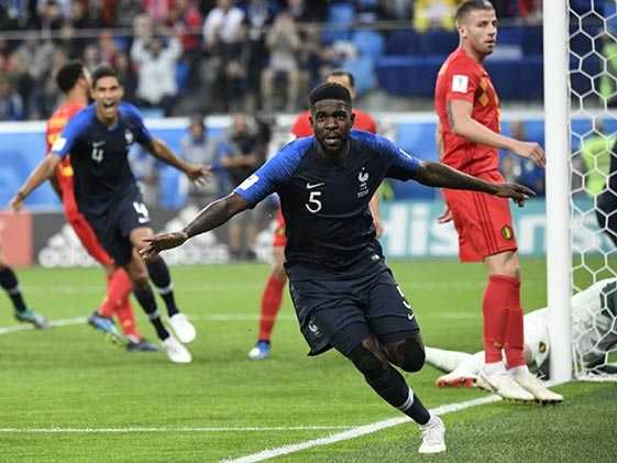 Umtiti Merayakan Gol Kemenangan Atas Belgia (Sumber: https://sports.ndtv.com)