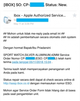 Email konfirmasi nomer service | dok pribadi