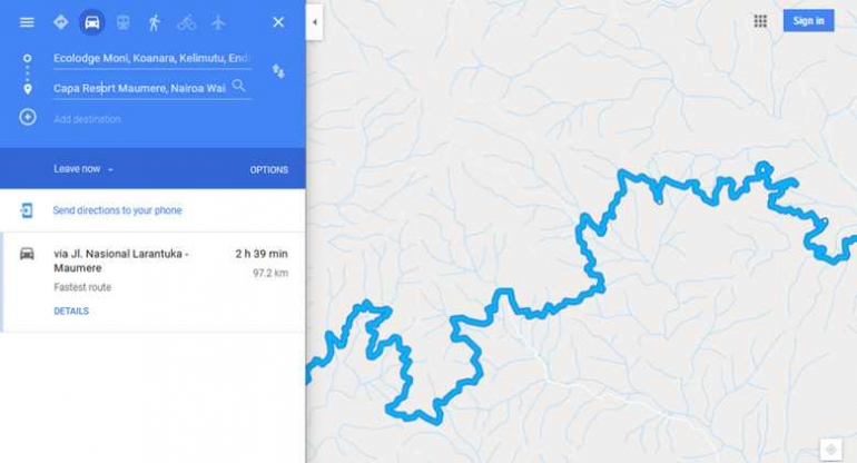 Begitu banyak kelak-kelok tajam sepanjang jalan dari Maumere menuju Moni, Ende. (Sumber: Google Maps)